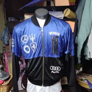 Blue and Black Bomber Jacket with Standing Collar